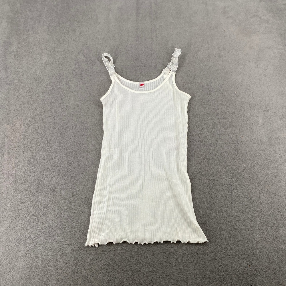 Vintage White Ribbed Cotton Lace Strap Camisole Tank Top Lettuce Hem Y2K Medium